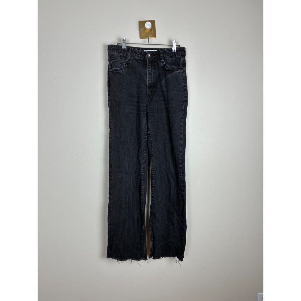 Zara Womens High Waisted Wide Leg Jeans‎ Washed Black Frayed Hem Size 6 (K15)